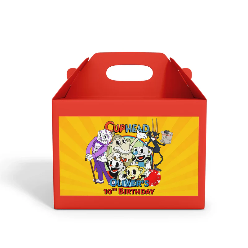 CUPHEAD treat box label with vintage cartoon design and bold colors, printable label on white background