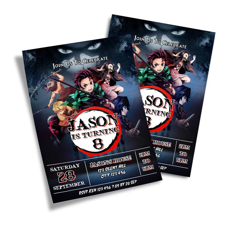 Demon Slayer birthday invitations with anime theme on white background