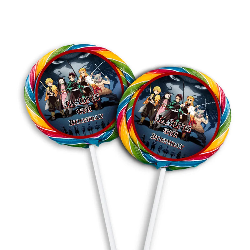 Demon Slayer lollipop label with anime graphics and circular layout