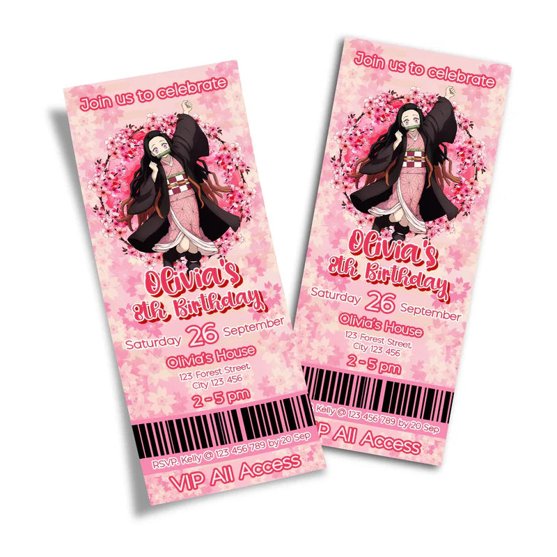 Demon Slayer Nezuko ticket invitation layout designed as a pink and green anime concert admission pass