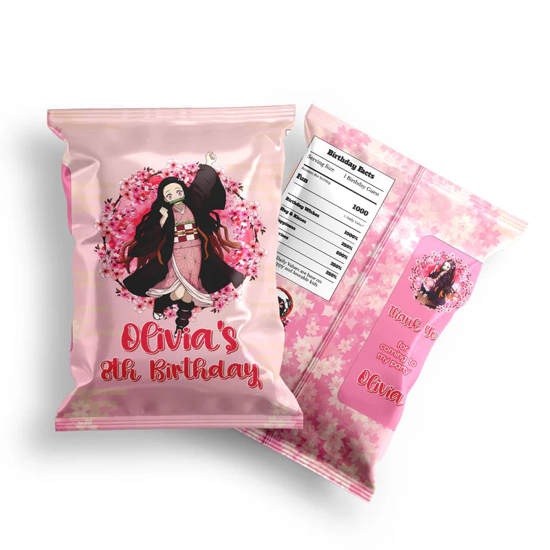 Demon Slayer Nezuko chip bag label mockup displaying a glossy snack bag with pink anime graphics