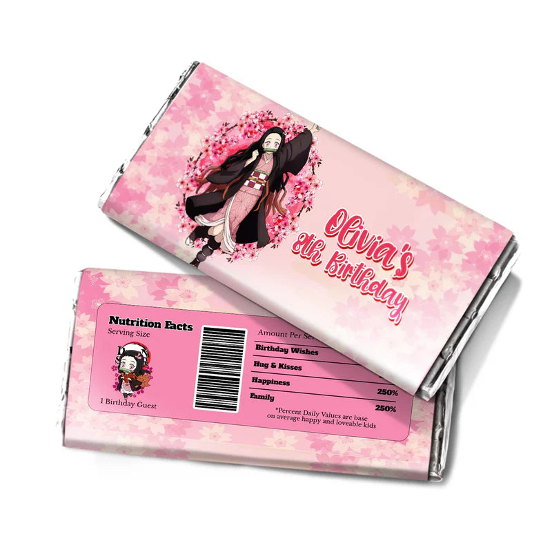 Demon Slayer Nezuko chocolate label wrapped around a candy bar featuring a name and green accents