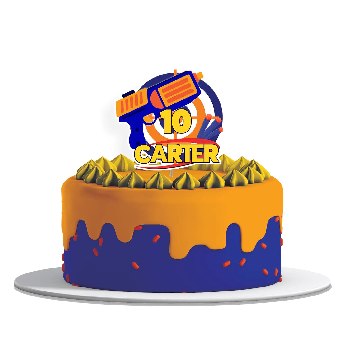Personalized Nerf-themed cake topper adding a unique touch to your party.