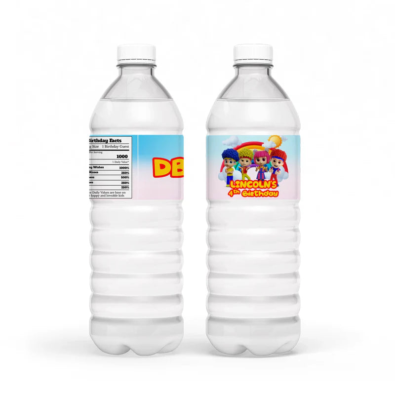 D Billions water bottle label with colorful character pattern and bright tones, wrap label displayed on white background