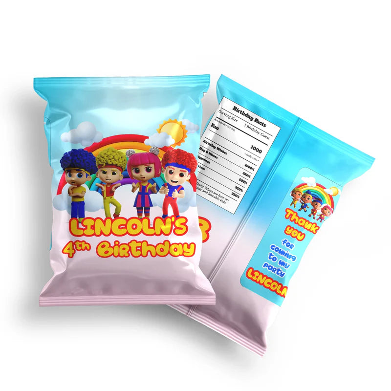 D Billions chips bag label with kids theme pattern and bold colors, snack bag label on white background