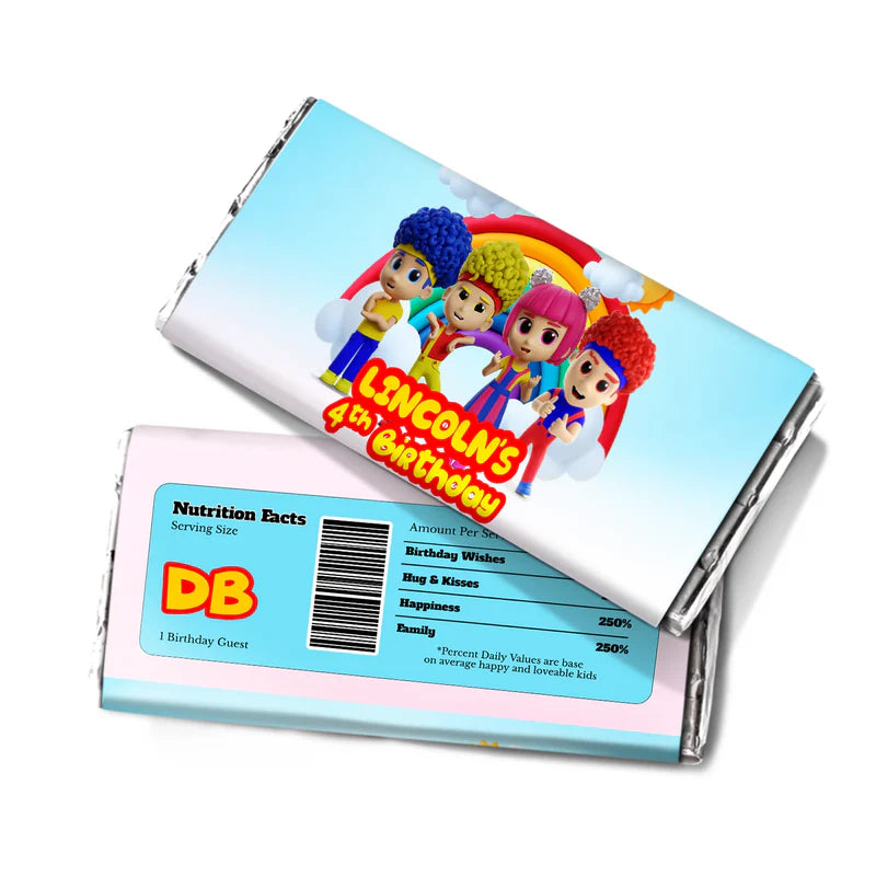 D Billions chocolate label with colorful graphics and bright tones, candy bar wrapper on white background
