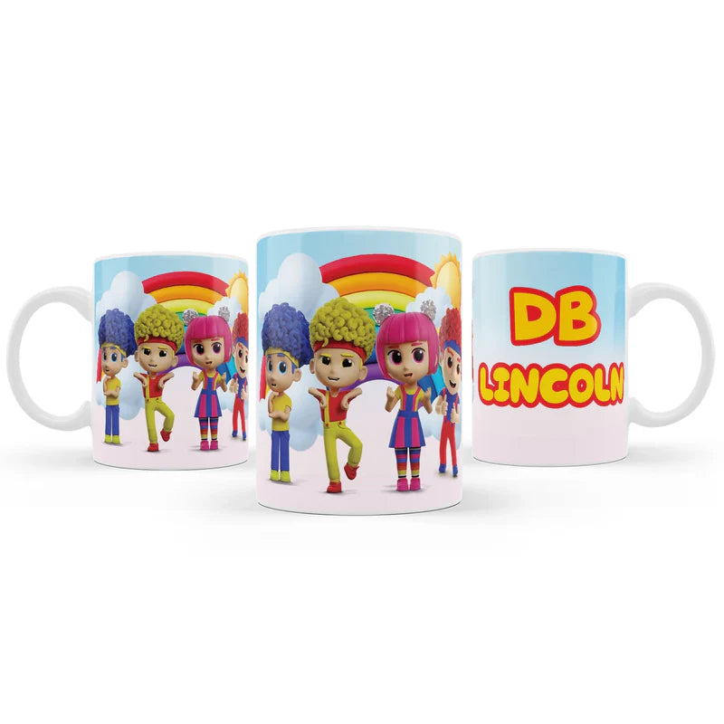 D Billions sublimation mug with colorful character graphics and bright tones, ceramic mug on white background