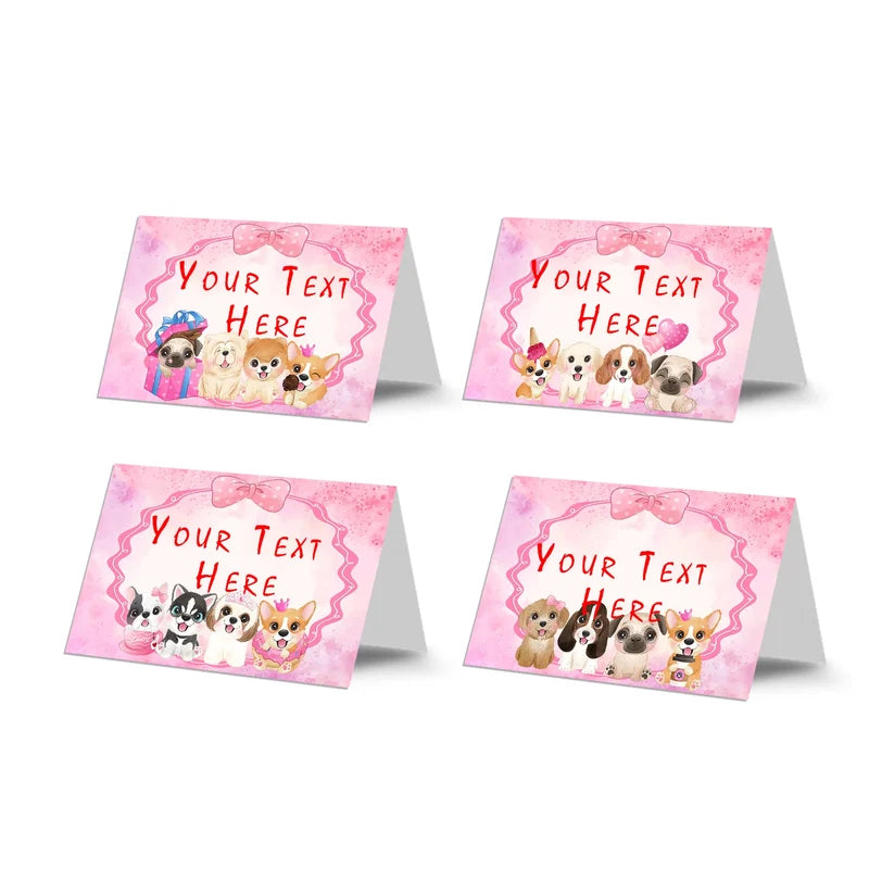 Puppy & Dog food cards showing a collection of vibrant buffet labels arranged on a decorated treat t