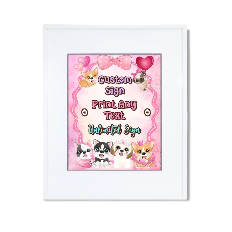 Puppy & Dog custom sign template featuring a colorful party layout inside a modern white picture frame