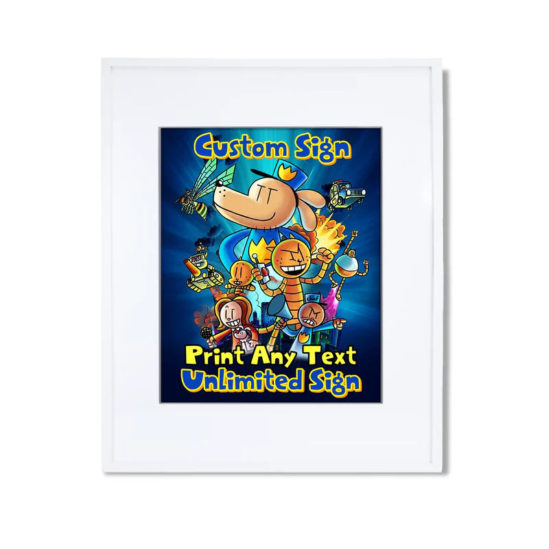 Dog Man custom sign template featuring a colorful party layout inside a modern white picture frame