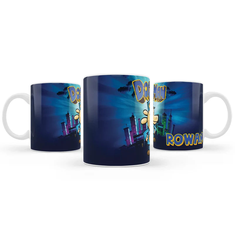 Dog Man sublimation mug design featuring a vibrant graphic layout wrapped around a white ceramic mug