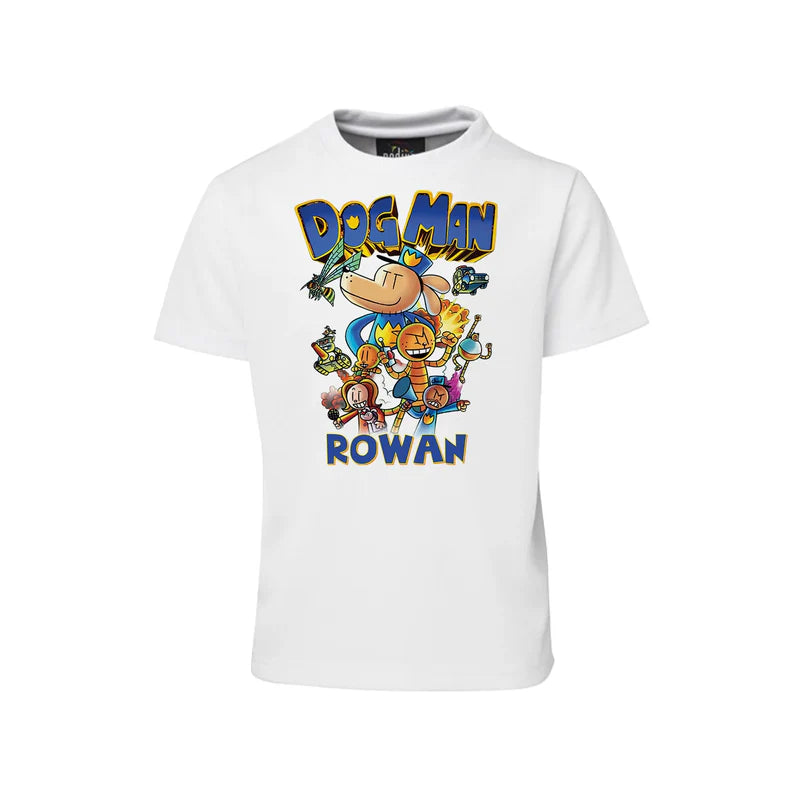 Dog Man sublimation T-shirt mockup showing a colorful graphic layouted on a white cotton shirt