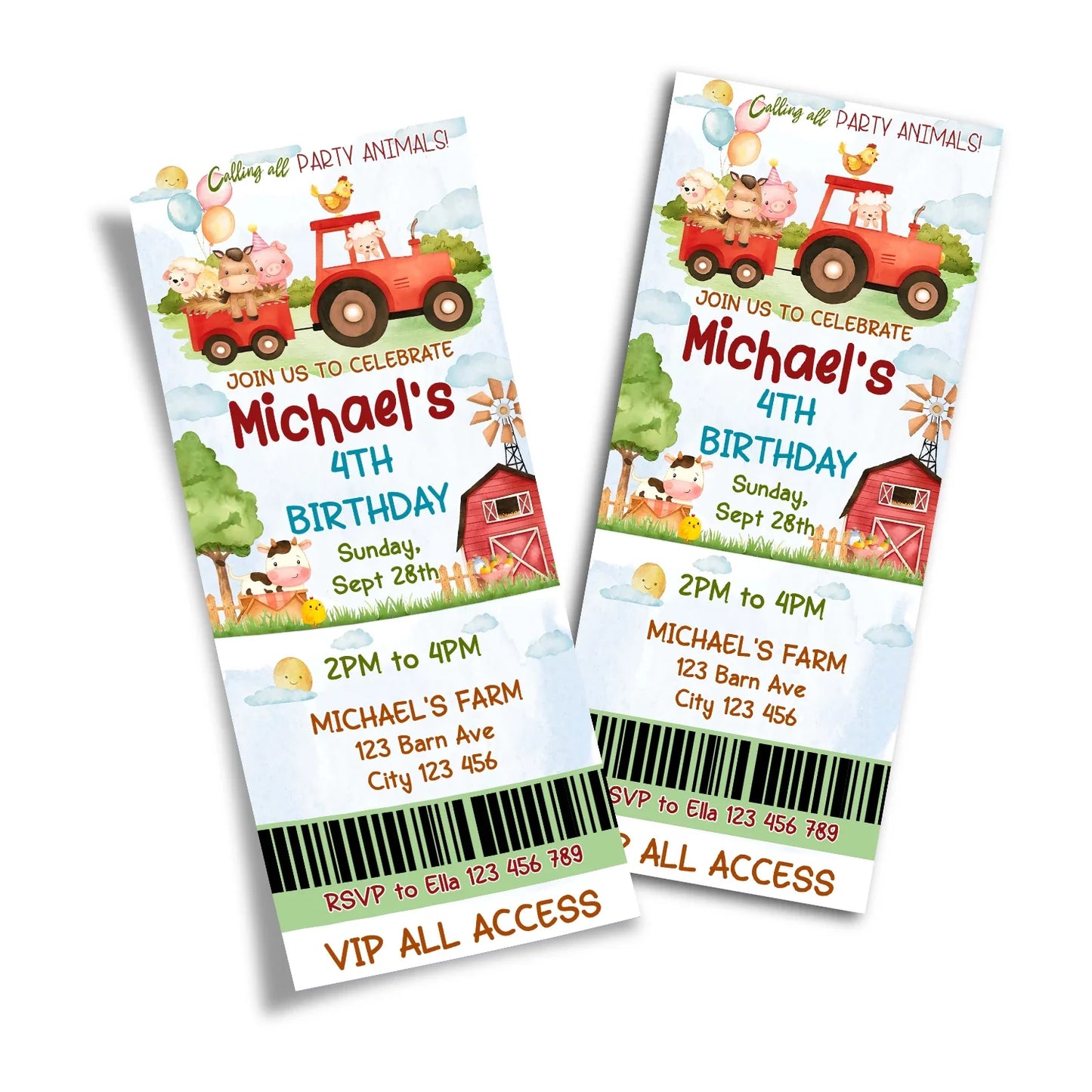 Farm animals theme personalized birthday ticket invitations with barnyard graphics, ticket style layout, earthy colors on white background
