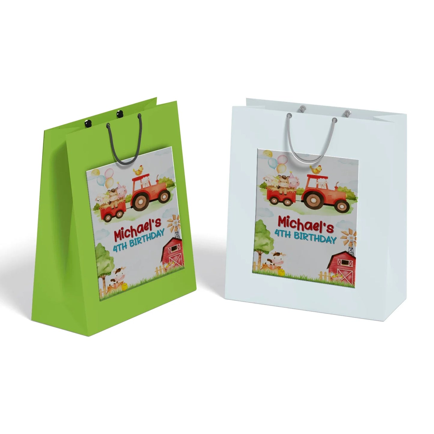 Farm animals theme goodie bag label with cute barnyard animals, rectangular tag style, pastel rustic palette on white background