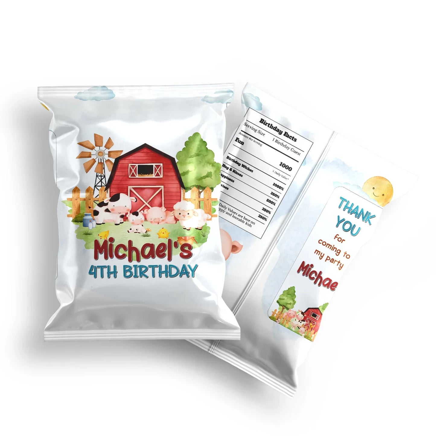 Farm animals theme chips bag label with playful farm animal graphics, full bag wrap style, pastel country colors on white background