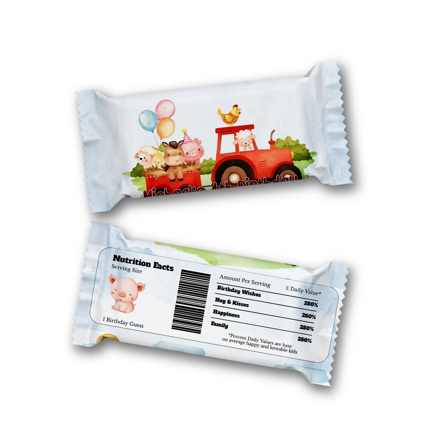 Farm animals theme Rice Krispies treats and candy bar labels with matching barnyard animals, coordinated rustic colors on white background