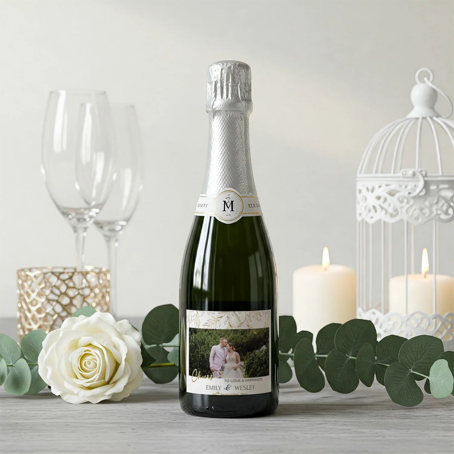 Gold Wild Flower Wedding Wine Label with Photo Personalized Custom Wine Bottle Sticker for Weddings