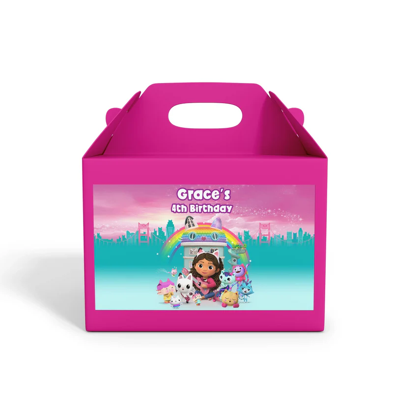 Gabbys Dollhouse treat box label pastel themed wrap with playful design flat lay on white surface