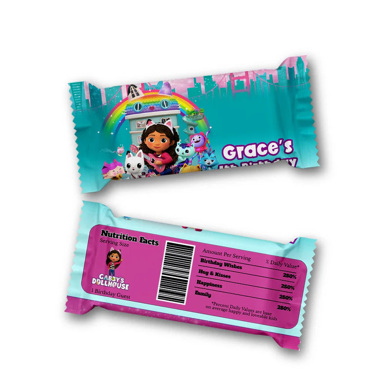 Gabbys Dollhouse Rice Krispies label and candy bar wrapper pastel themed design flat lay on table