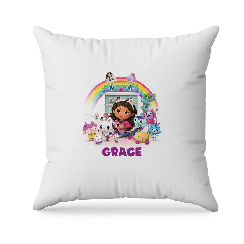 Gabbys Dollhouse sublimation pillowcase pastel themed design printed on white fabric flat lay on bed