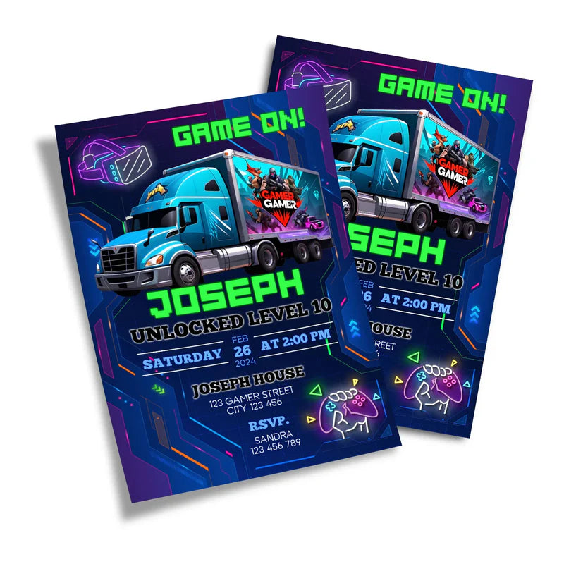 Game Truck birthday card invitations, bold gaming design, flat card layout on white background