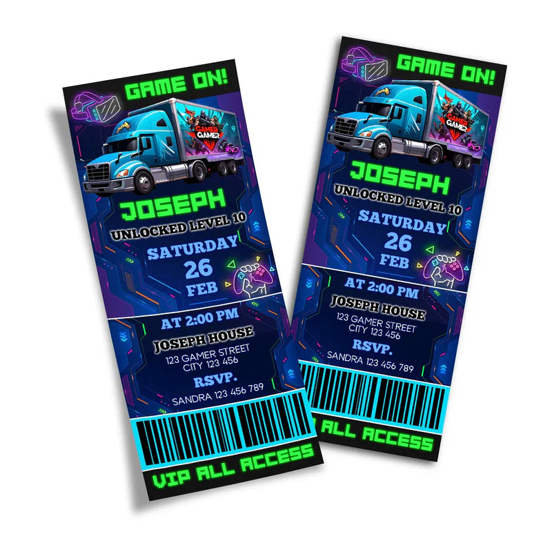 Game Truck birthday ticket invitations, gaming style ticket design, flat lay on white background