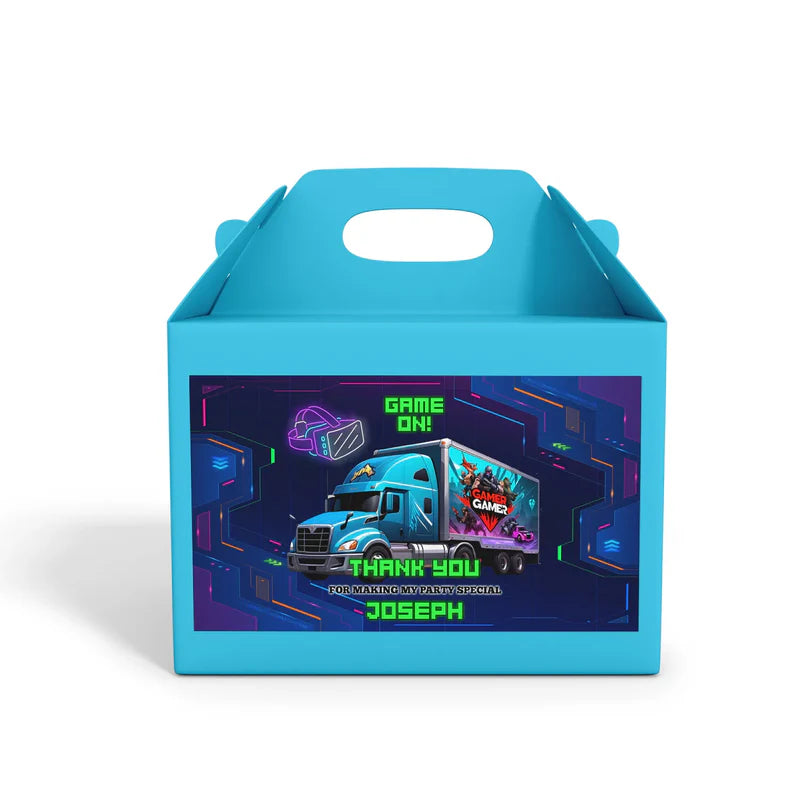 Game Truck treat box label, bold gaming design, square label on white background
