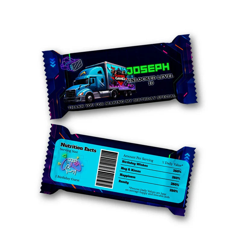 Game Truck rice krispies and candy bar labels, bold treat wrappers, flat lay on white background