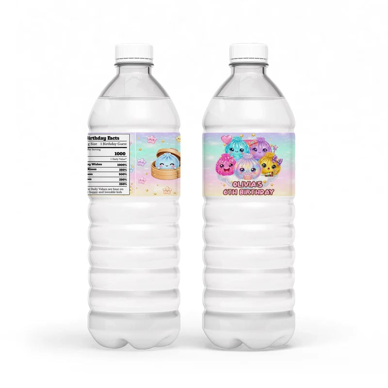 Glitter Dumpling water bottle label wrap showing a colorful party theme layout on a clear plastic bottle