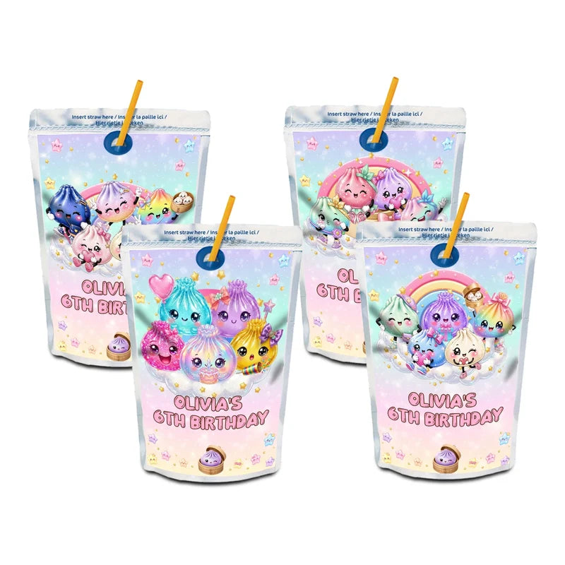 Glitter Dumpling juice pouch label mockup featuring a vibrant birthday design attached to a silver pouch