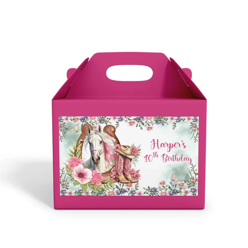 Horse equestrian treat box label with personalized horse motif flat lay