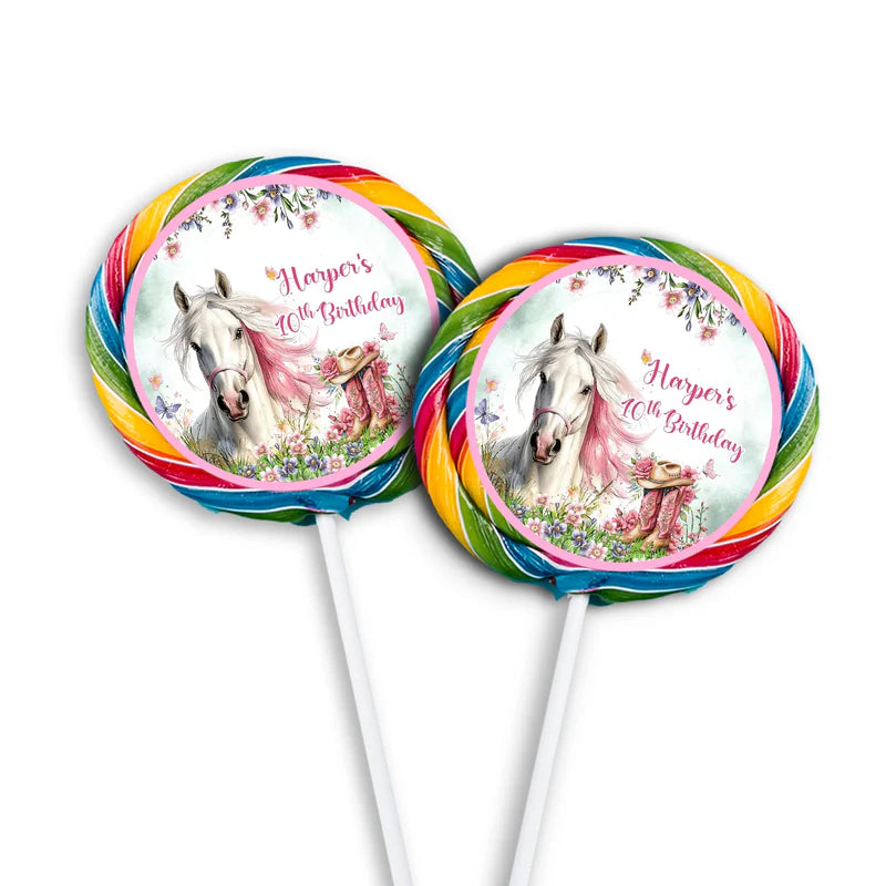 Horse equestrian lollipop label with round personalized horse motif on white background