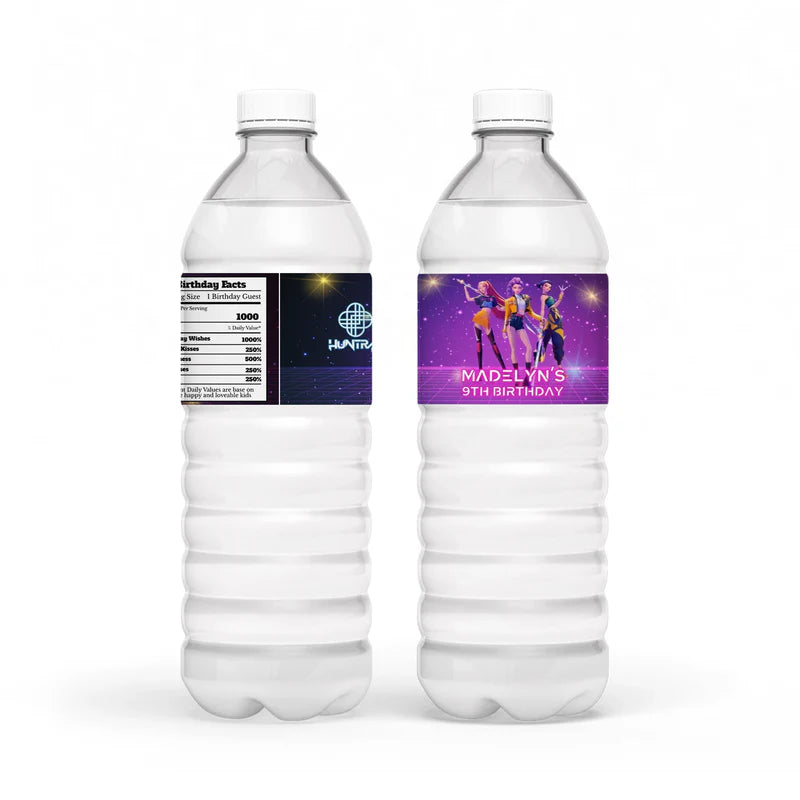 Huntrix Kpop Demon Hunters water bottle label with vibrant printed wrap design on glossy waterproof material