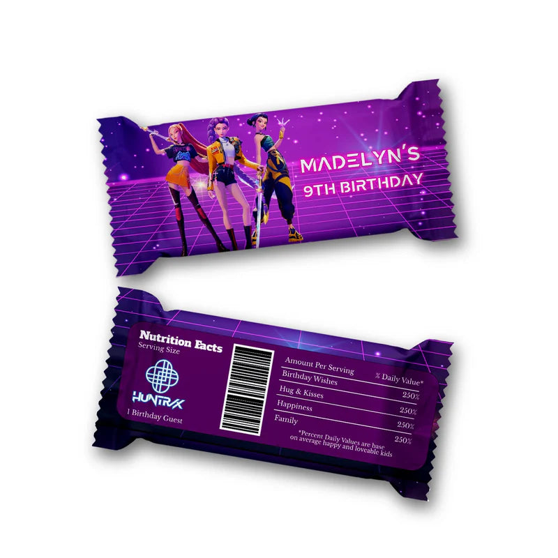 Huntrix Kpop Demon Hunters Rice Krispies treats and candy bar label with bright themed wrap design
