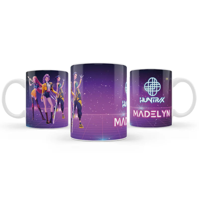 Huntrix Kpop Demon Hunters sublimation mug with bright wraparound character artwork on white ceramic