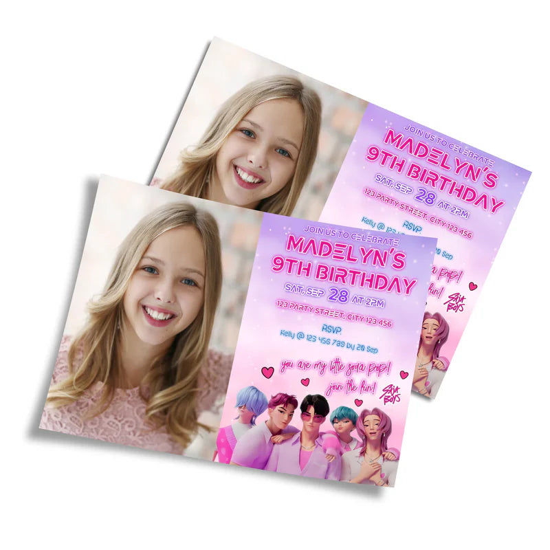 Huntrix - Saja Boys photo card invitations with custom picture layout in blue theme flat lay