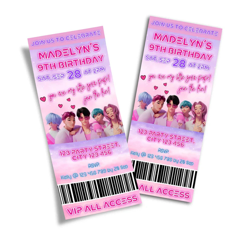 Huntrix - Saja Boys birthday ticket invitations with blue event design printed on white background