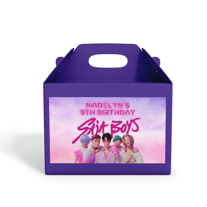 Huntrix - Saja Boys treat box label with blue themed print applied to white gable box