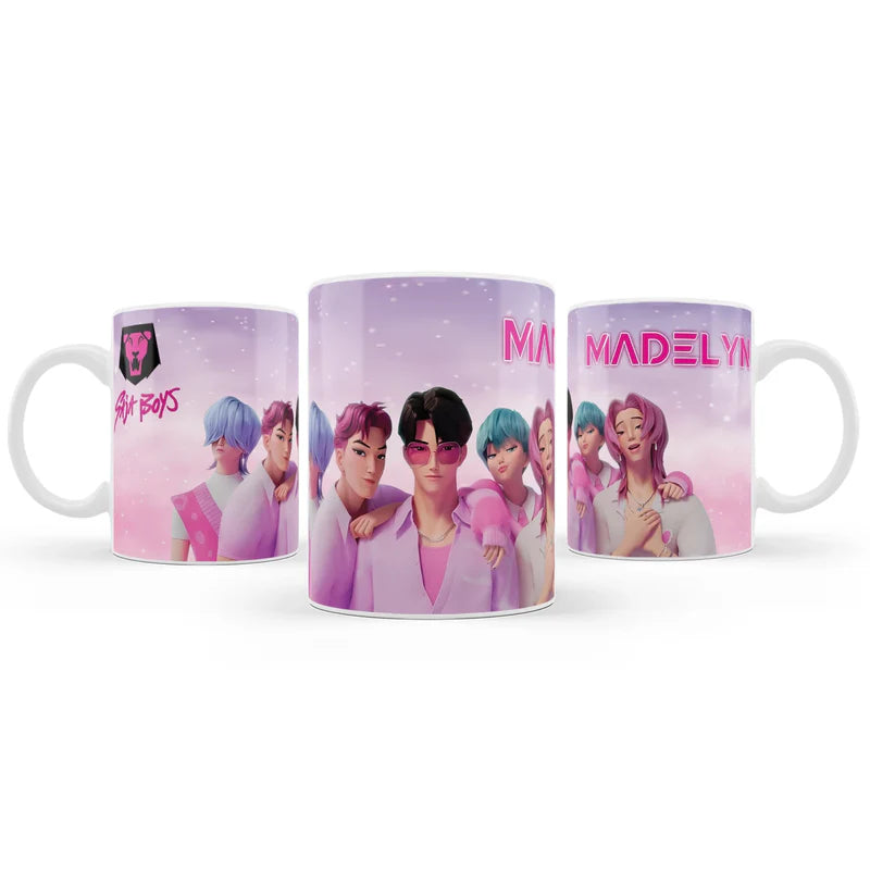 Huntrix - Saja Boys sublimation mug with blue themed party design on white ceramic mug