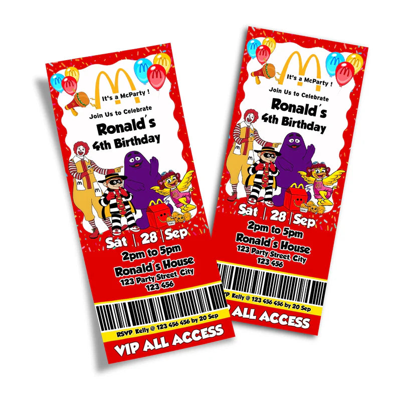 McDonalds ticket invitation with red background and bold yellow details on a flat surface