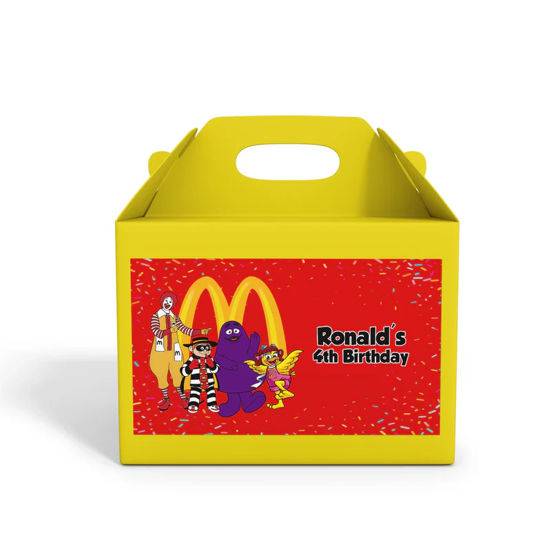 McDonalds treat box label with colorful border and personalized name on glossy paper