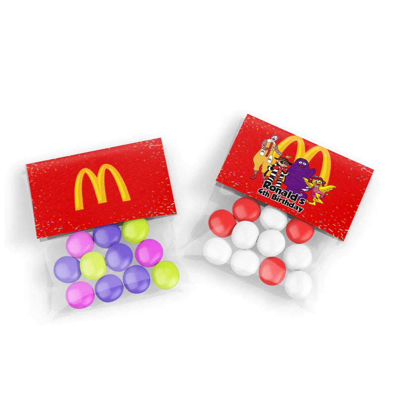 McDonalds treat bag topper label with bold colors and fries illustration folded on treat bag