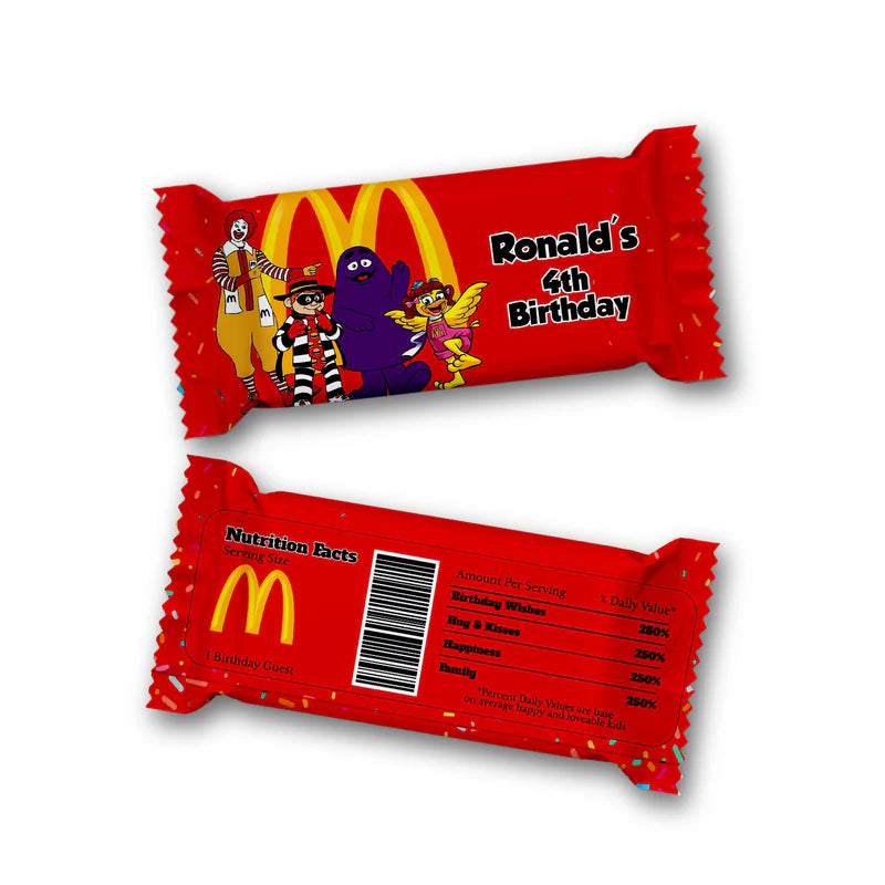 McDonalds Rice Krispies and candy bar label combo with vibrant matching graphics on snack bars