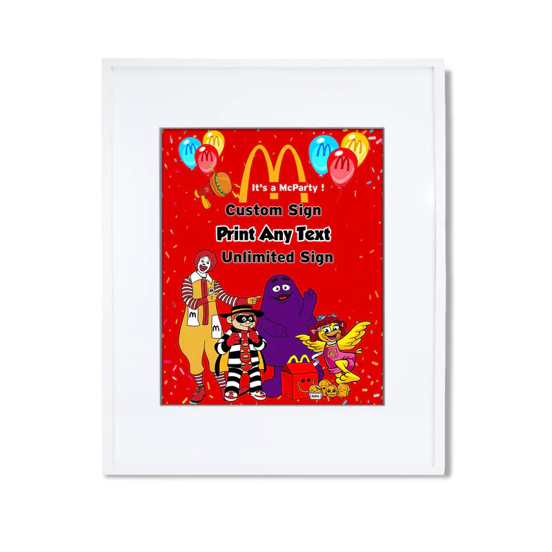McDonalds custom party sign with yellow arches and red frame standing on easel