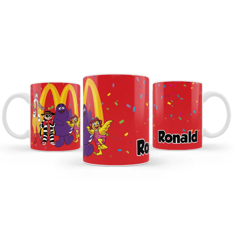 McDonalds sublimation mug with bright character print on white ceramic background