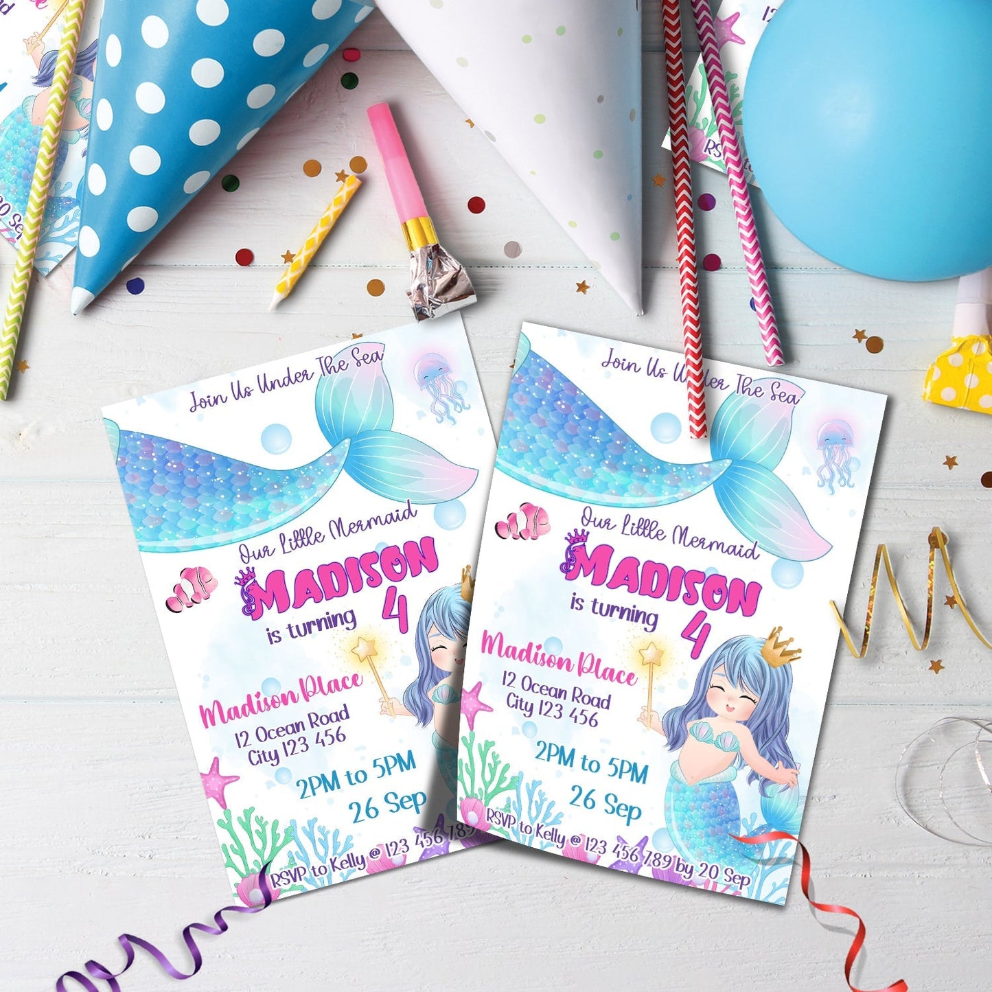 Mermaid Birthday Decorations, Mermaid Pastel Party Supplies, Mermaid Pink Themed, Ariel the Mermaid Digital Template, Editable Mermaid Image SVG PNG