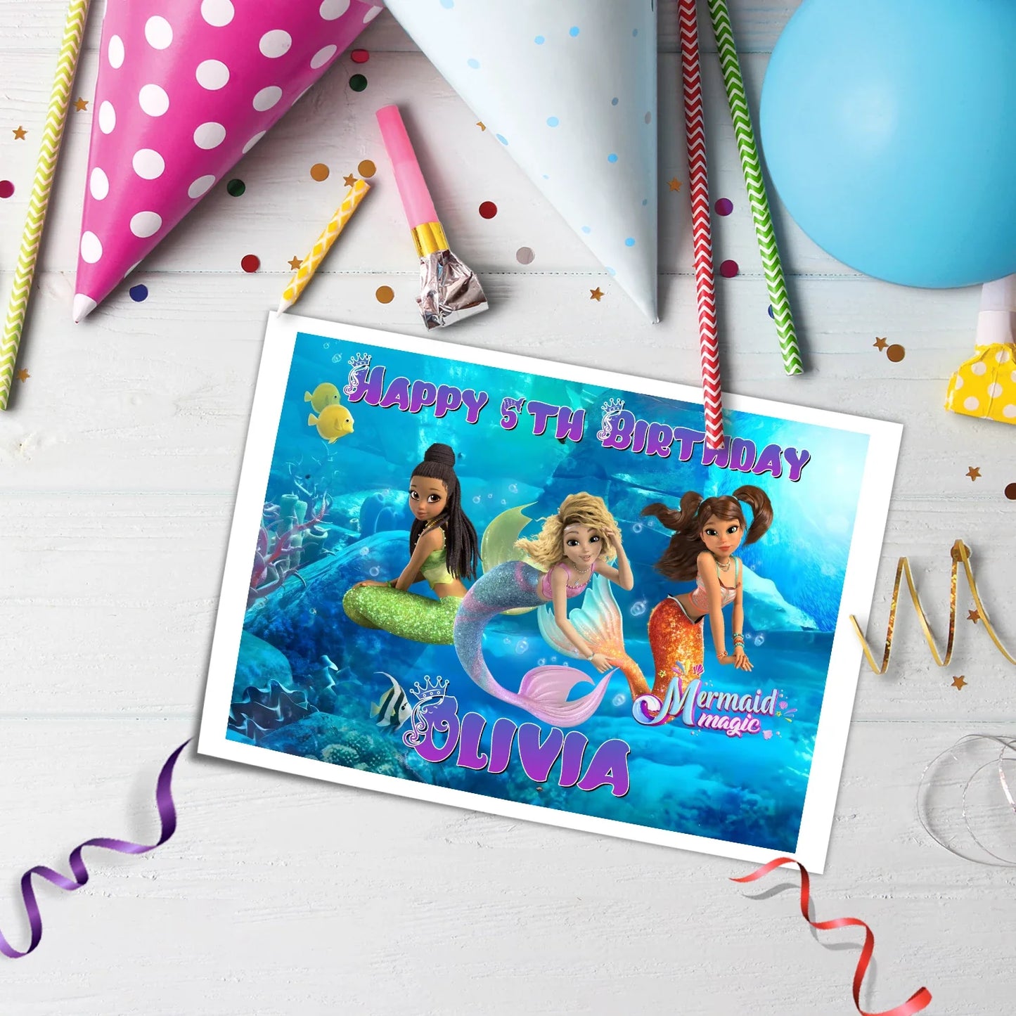 Mermaid Magic Personalized Edible Sheet Cake Topper - Custom Edible Sheet Cake Toppers for Mermaid Theme Parties