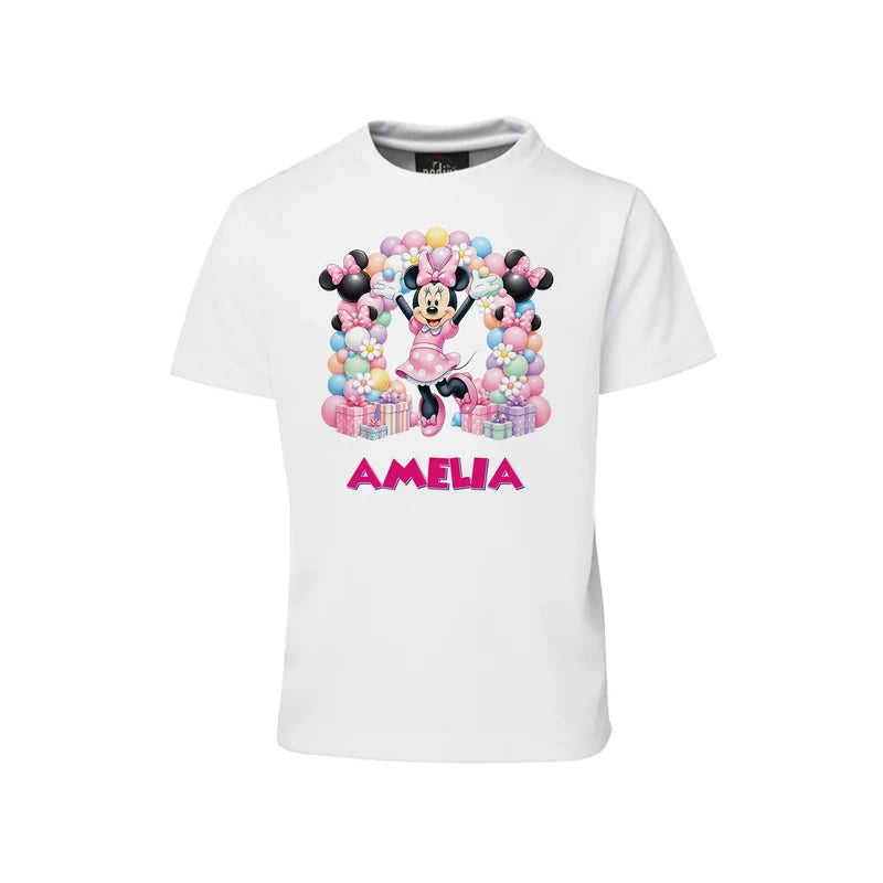 Minnie Mouse sublimation T-shirt mockup showing a colorful graphic layouted on a white cotton shirt