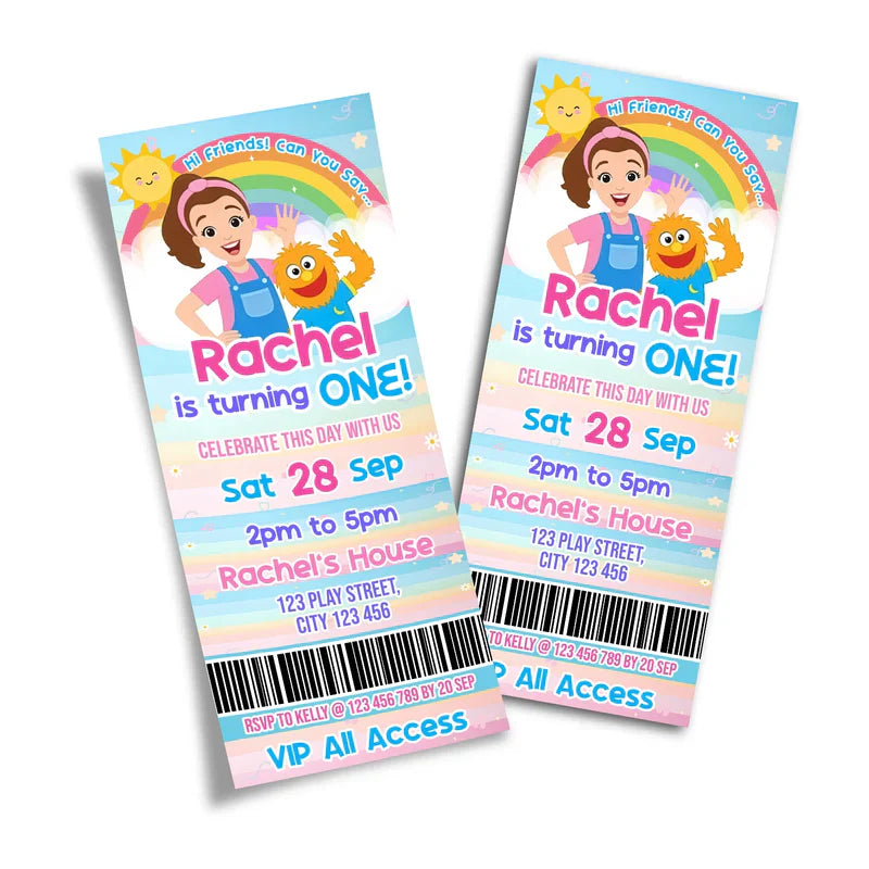 Ms Rachel toddler learning birthday ticket invitations with playful custom graphics flat lay on white background