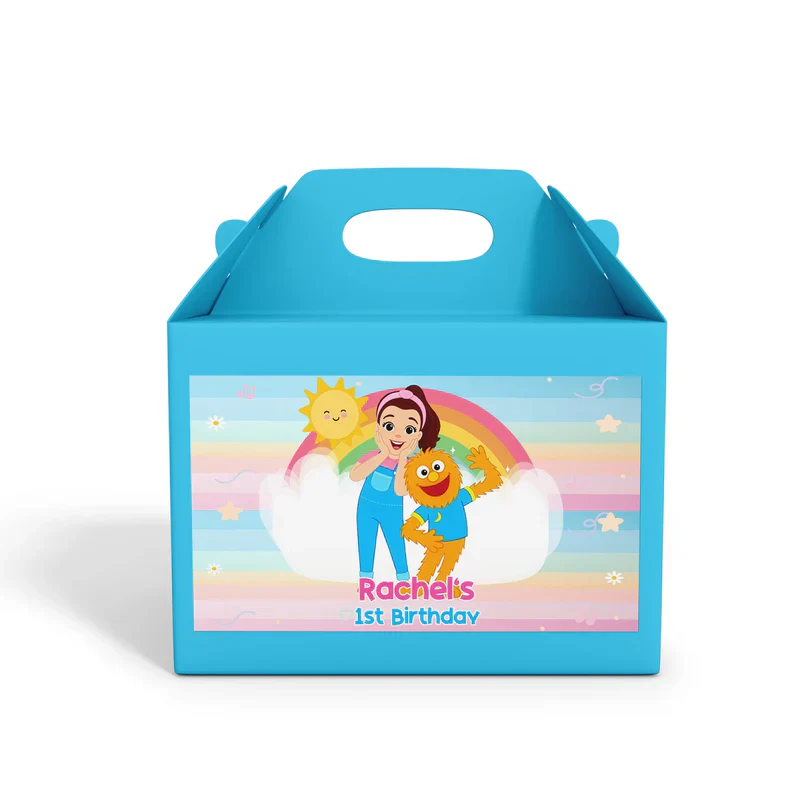 Ms Rachel toddler learning treat box label with bright custom designs flat lay on white background